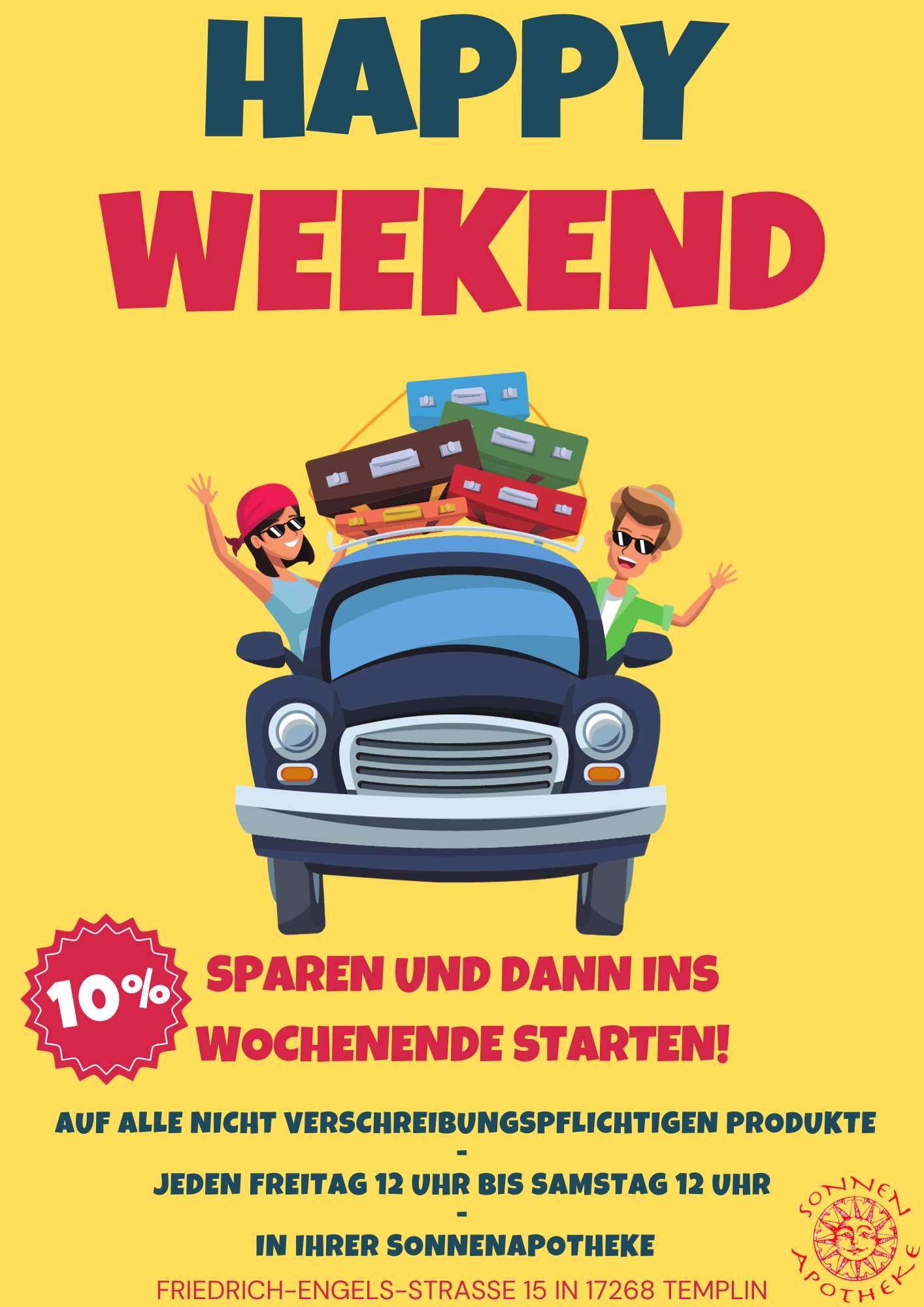 Bunter Flyer Werbung Thema Sparen jeden Freitag von 12 Uhr bis Samstag 12 Uhr